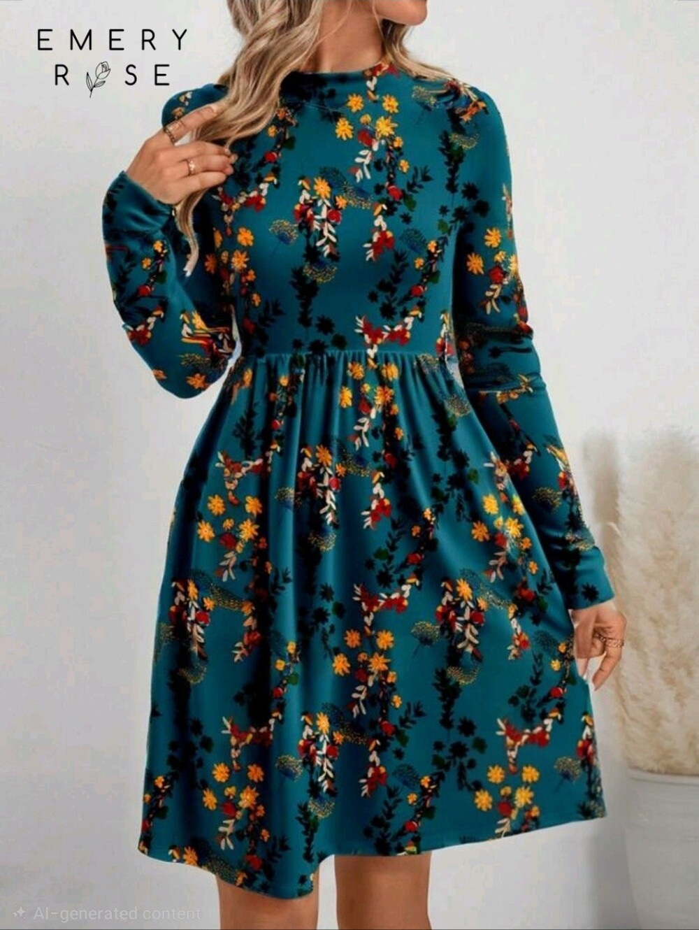 Emery Rose Teal Floral Long-Sleeve Gathered Waist Dress